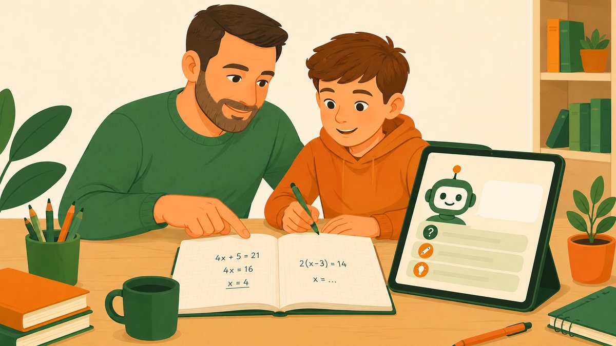 Illustration d'un parent et d'un enfant faisant un exercice de maths ensemble, avec une tablette affichant une IA à côté.
