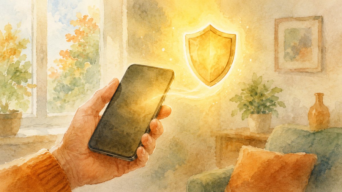 Aquarelle d'une main tenant un smartphone dans un salon chaleureux, avec un bouclier doré lumineux flottant à proximité, symbole de protection